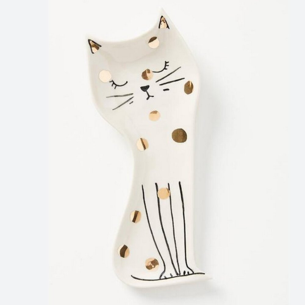 Anthropologie Gold Polka Dot Cat Spoon Rest